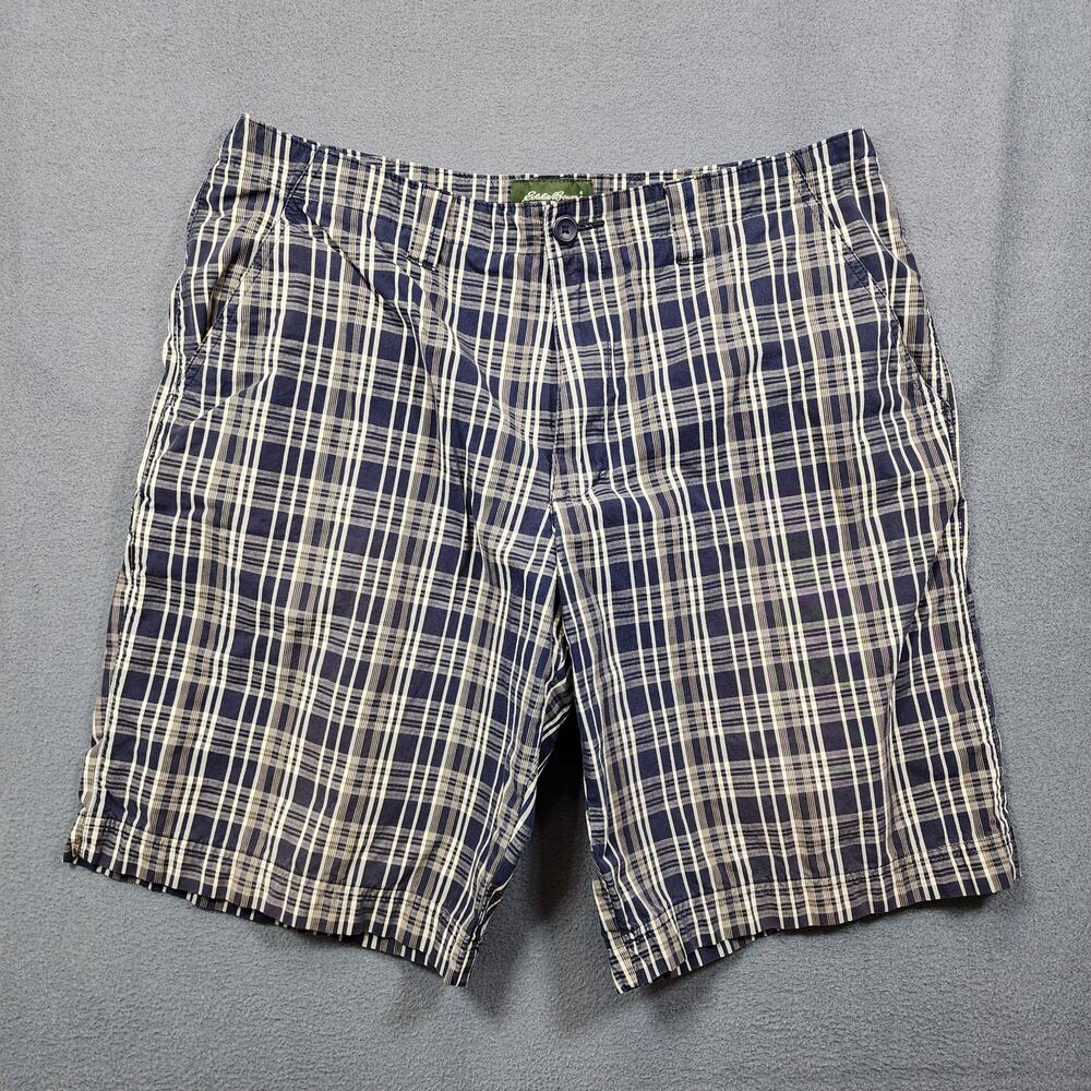 Eddie Bauer Mens Shorts 34x10 Blue Plaid Preppy Chino Golf Tagged 35